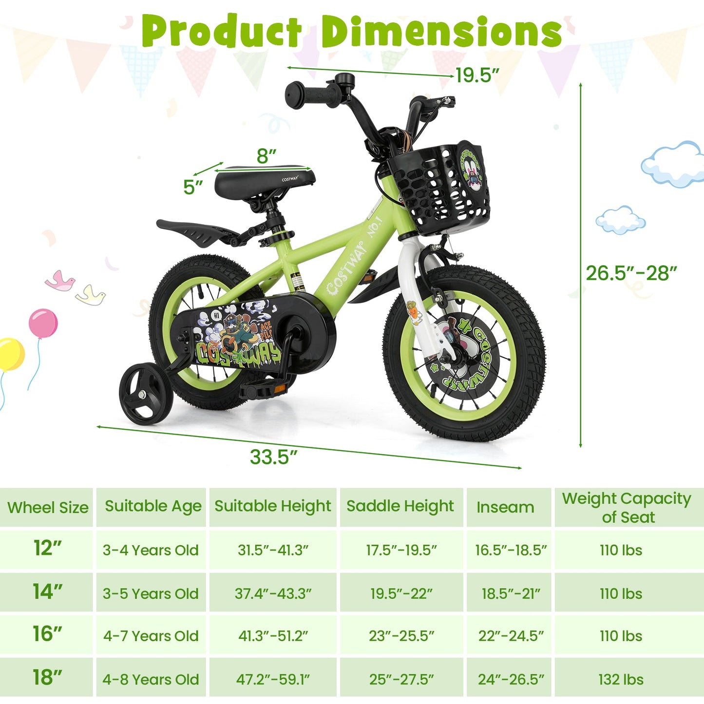 Vélo pour enfants de 12 pouces avec roues d'entraînement réglables