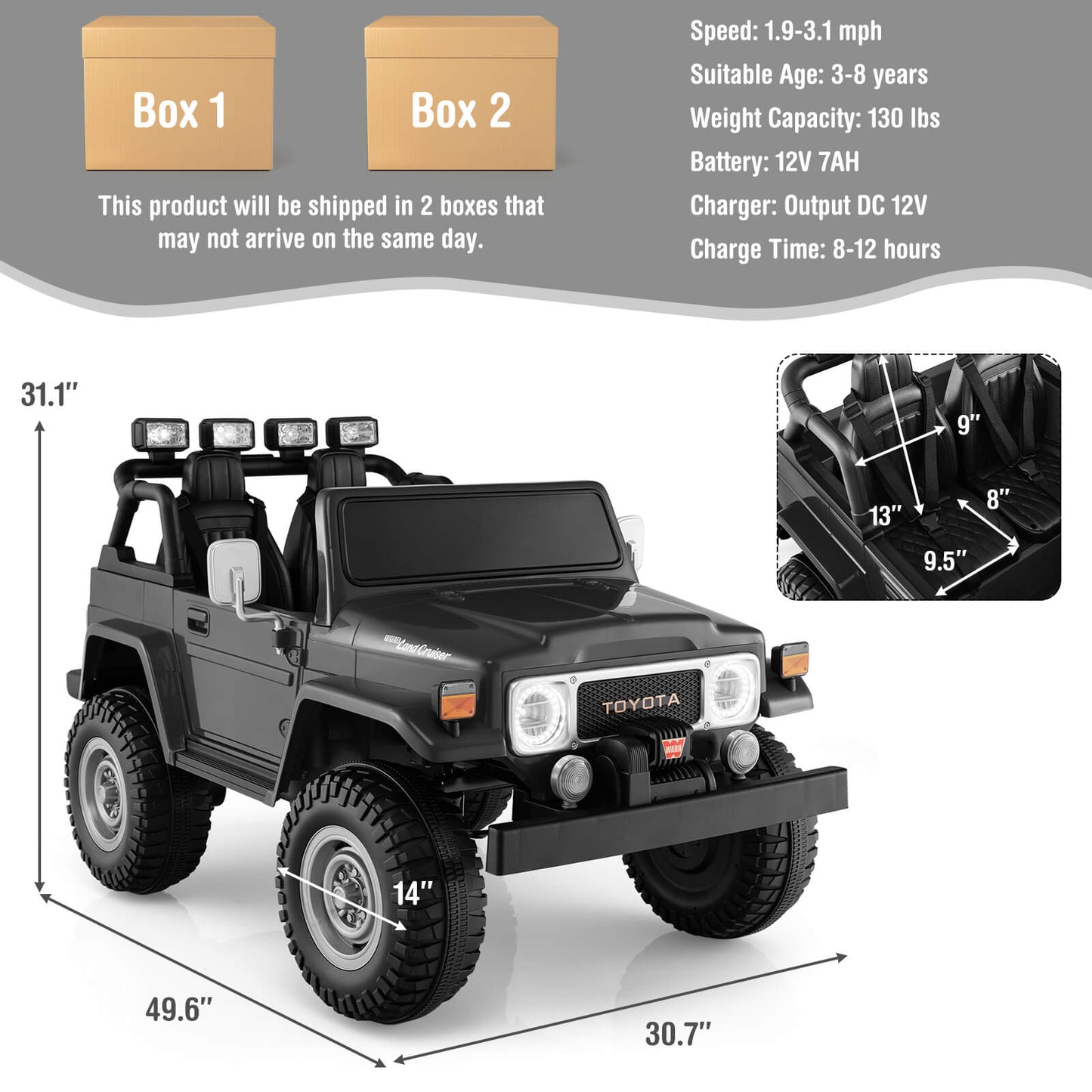 Coche Eléctrico Licenciado para Niños Toyota FJ40 de 12V con 2 Asientos - Negro