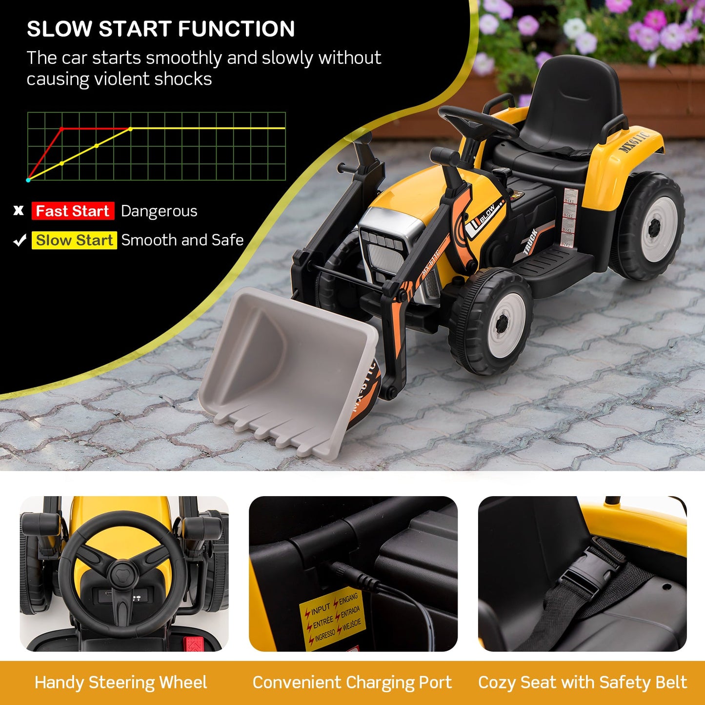 12V Battery Powered Kids Ride-On Excavator - Yellow