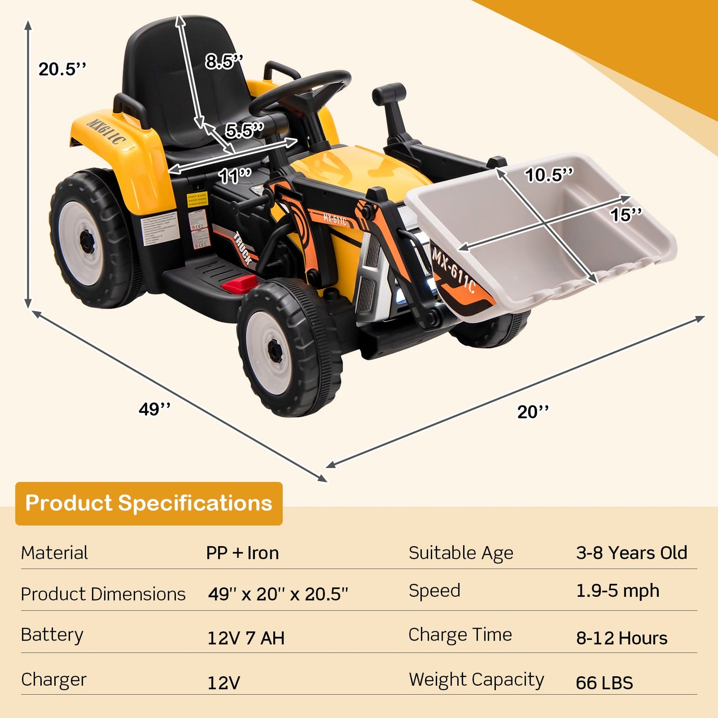 12V Battery Powered Kids Ride-On Excavator - Yellow