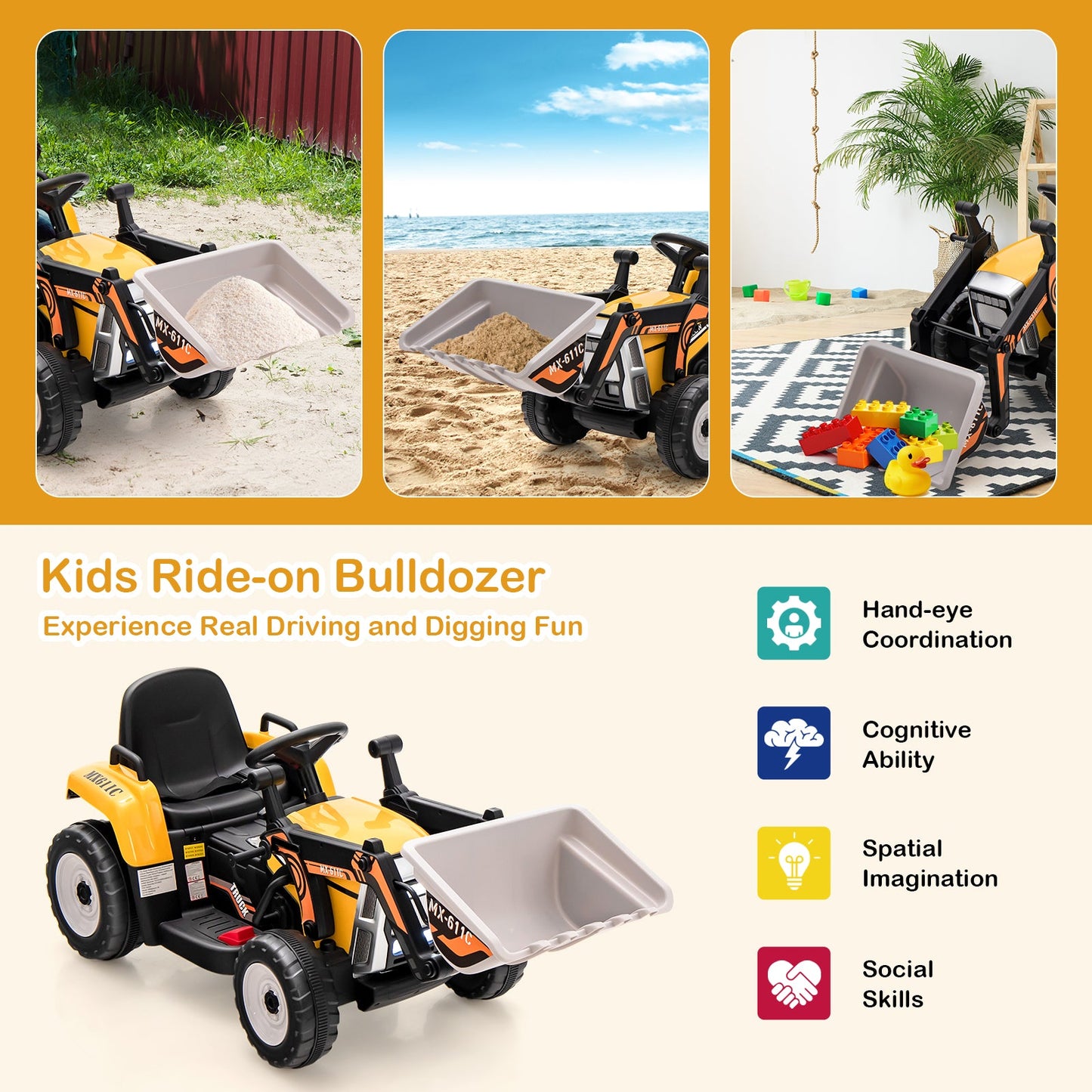 12V Battery Powered Kids Ride-On Excavator - Yellow