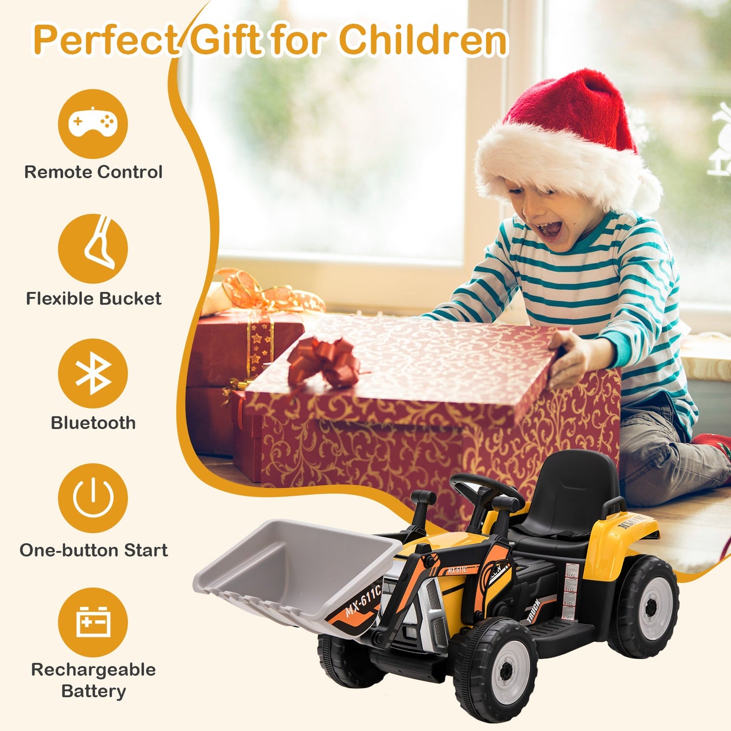 12V Battery Powered Kids Ride-On Excavator - Yellow