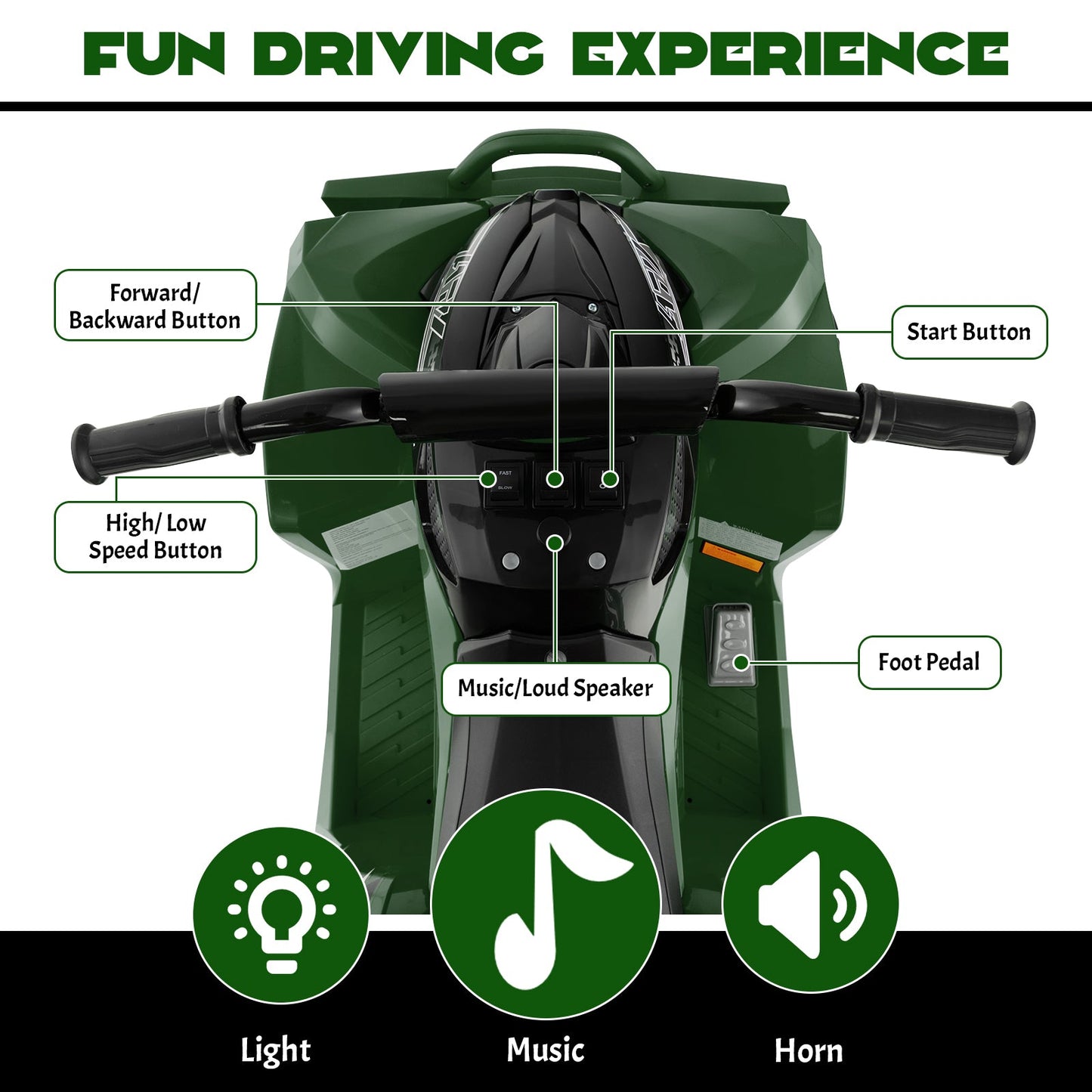 ATV électrique pour enfants 12V - Vert armée avec vitesses haute/basse