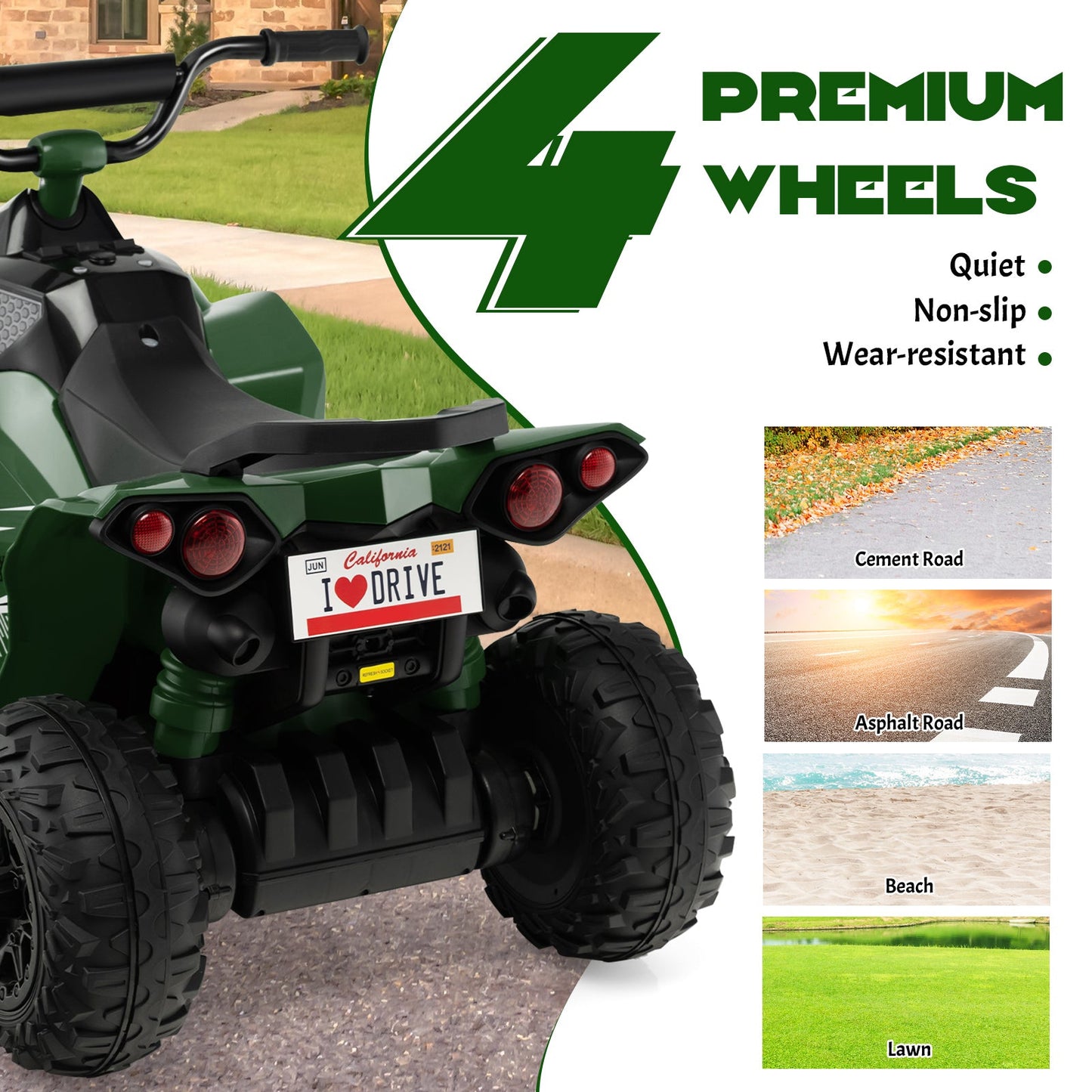 ATV électrique pour enfants 12V - Vert armée avec vitesses haute/basse