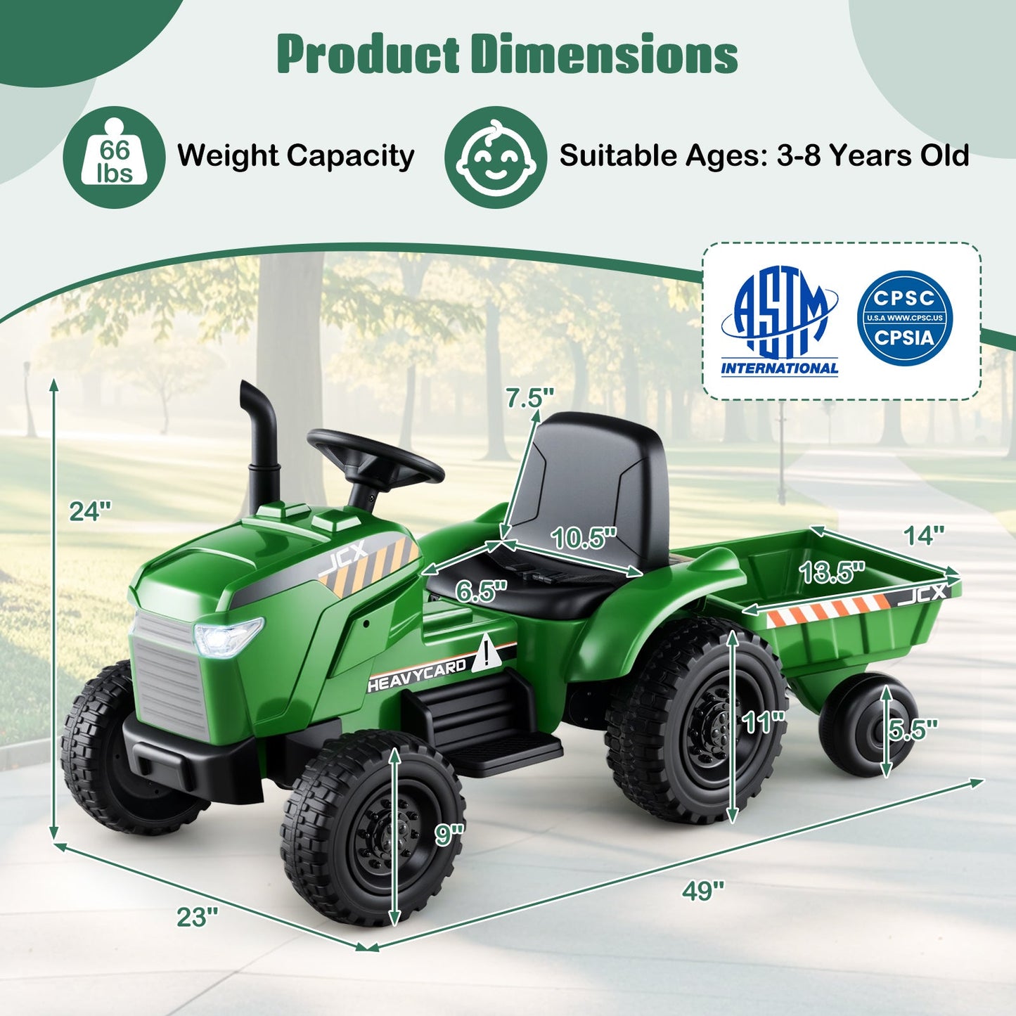 Tracteur pour enfants 12V 2-en-1 avec remorque - Vert grisâtre