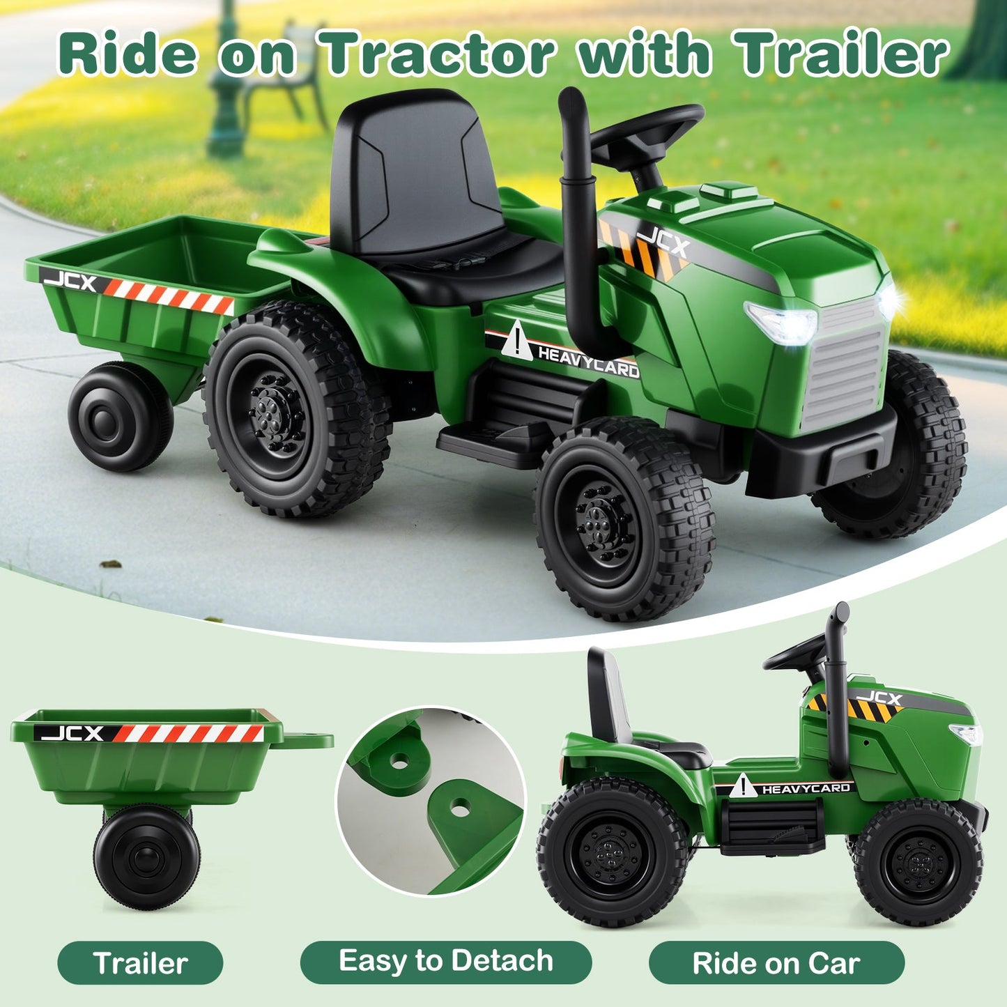 Tracteur pour enfants 12V 2-en-1 avec remorque - Vert grisâtre