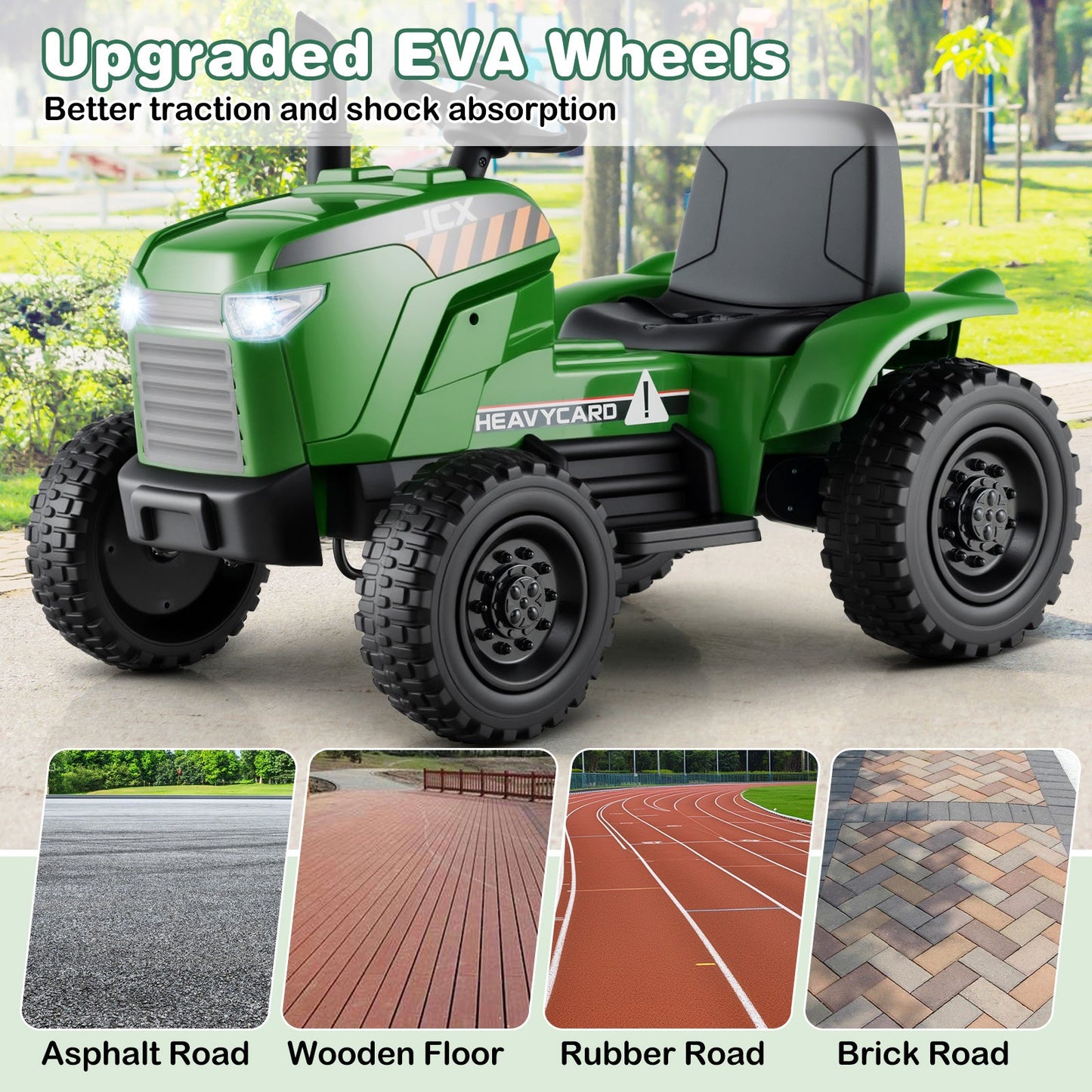Tracteur pour enfants 12V 2-en-1 avec remorque - Vert grisâtre