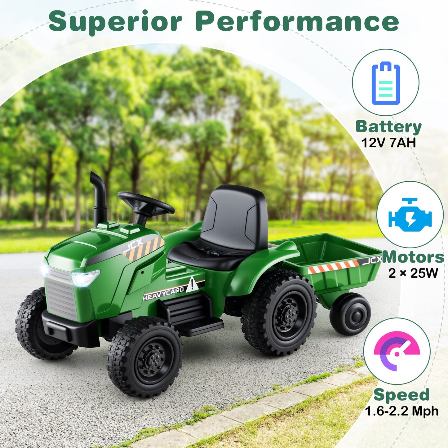 Tracteur pour enfants 12V 2-en-1 avec remorque - Vert grisâtre