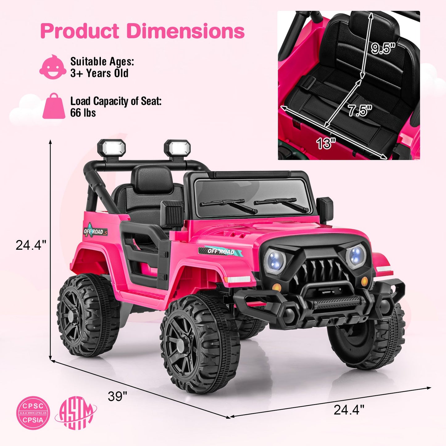 12V Kids Ride-On Truck Car with Remote Control - Pink