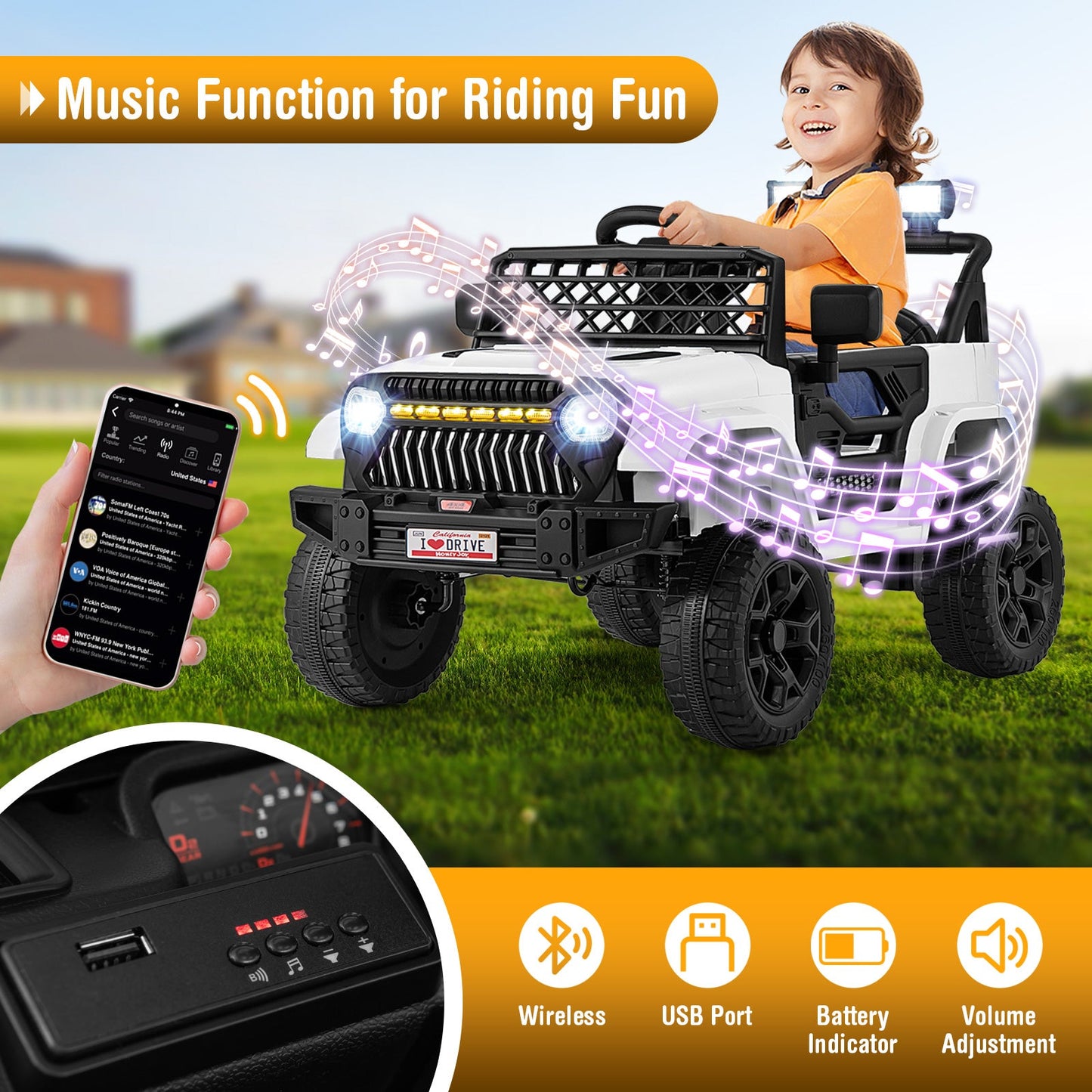 Camión para Niños de 12V con Control Remoto y Música - Blanco