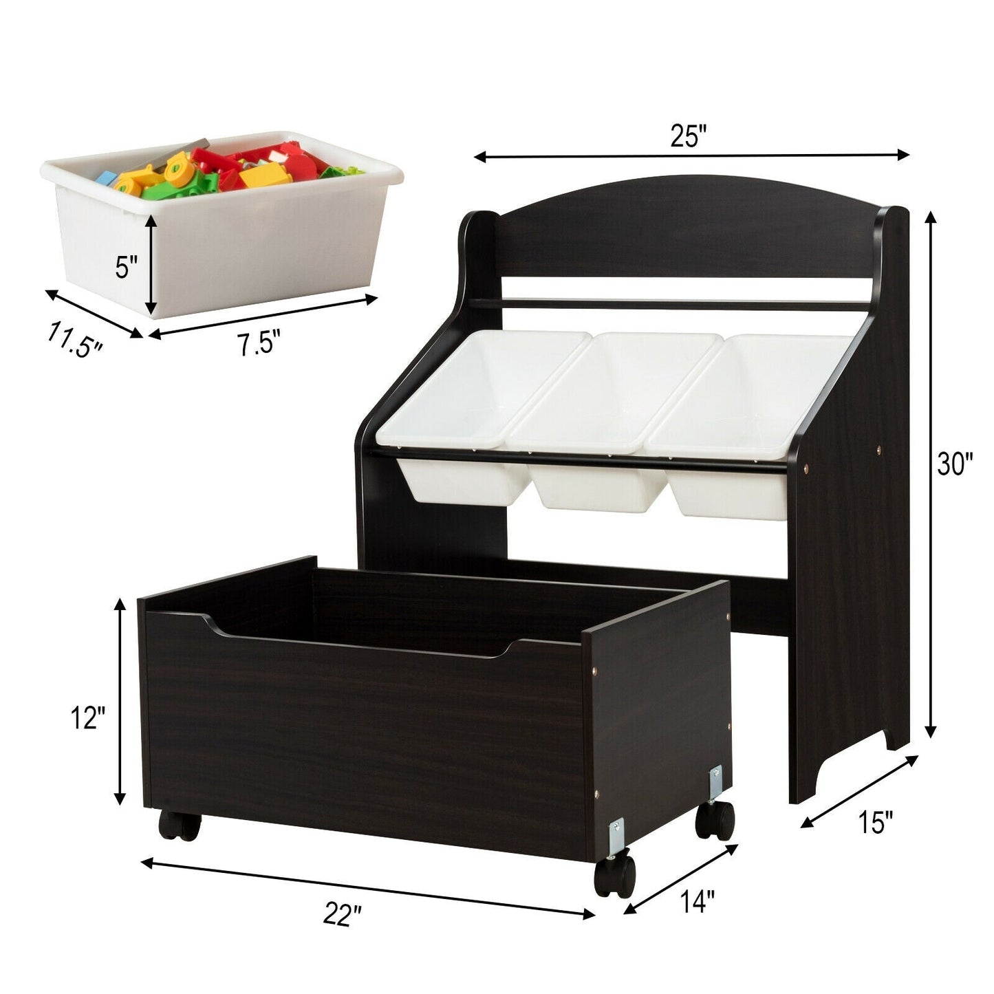 Unité de rangement en bois pour jouets pour enfants avec boîte à jouets roulante - Espresso