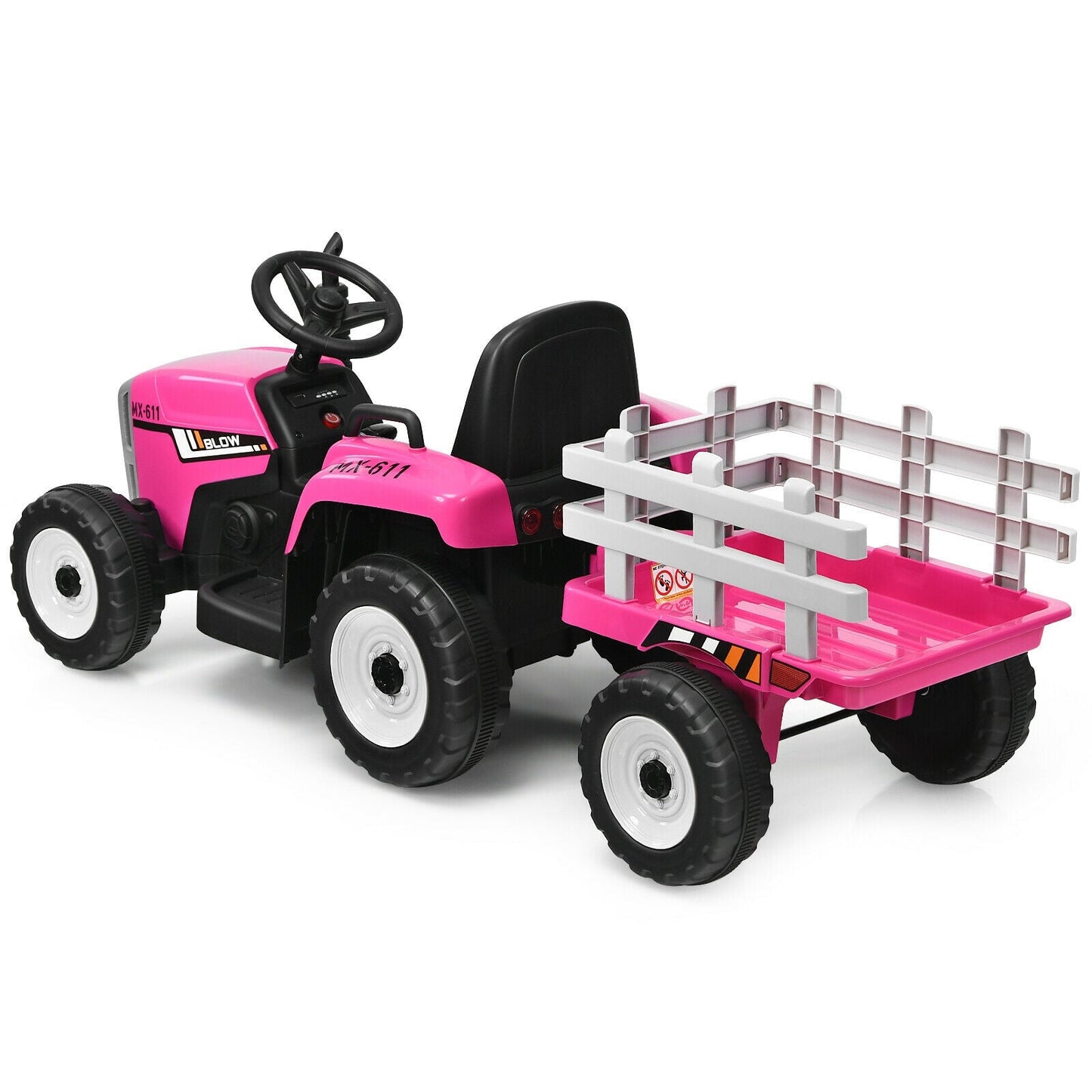 12V Pink Ride-On Tractor with Ground Loader for Kids 3+ Years