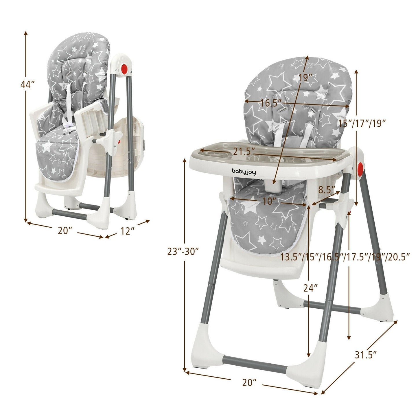 Chaise Haute Pliable pour Bébé avec Réglage de Hauteur à 6 Niveaux - Gris