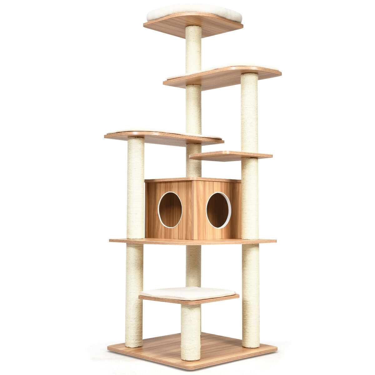 7-Layer Wooden Cat Tree with Sisal Posts and Condo - Natural