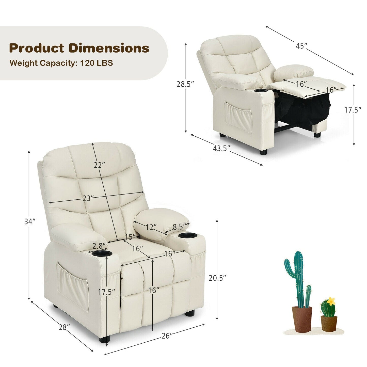 Fauteuil inclinable pour enfants avec porte-gobelet et repose-pieds - Beige