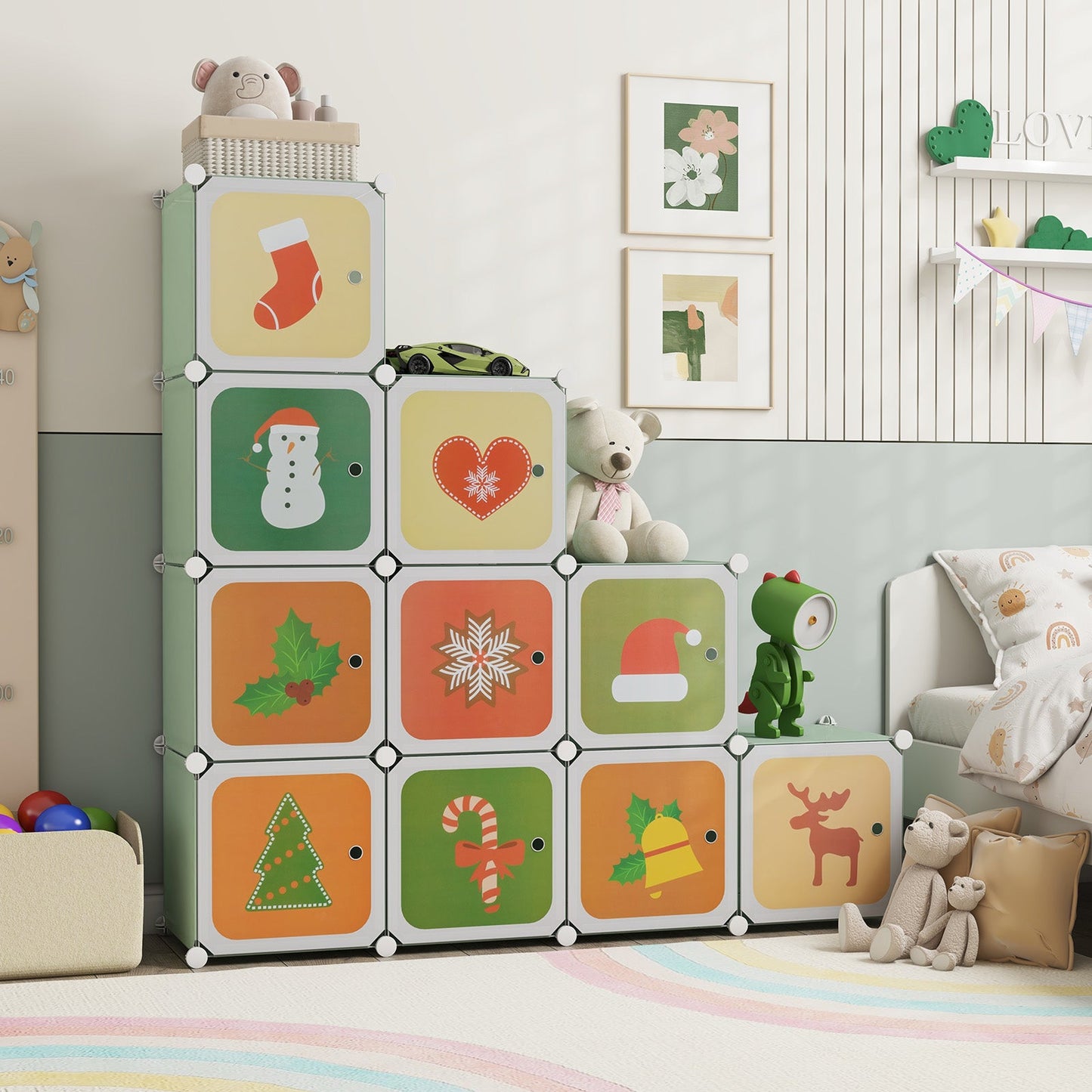 Armario Infantil de 12 Cubos con Sección Colgante - Verde