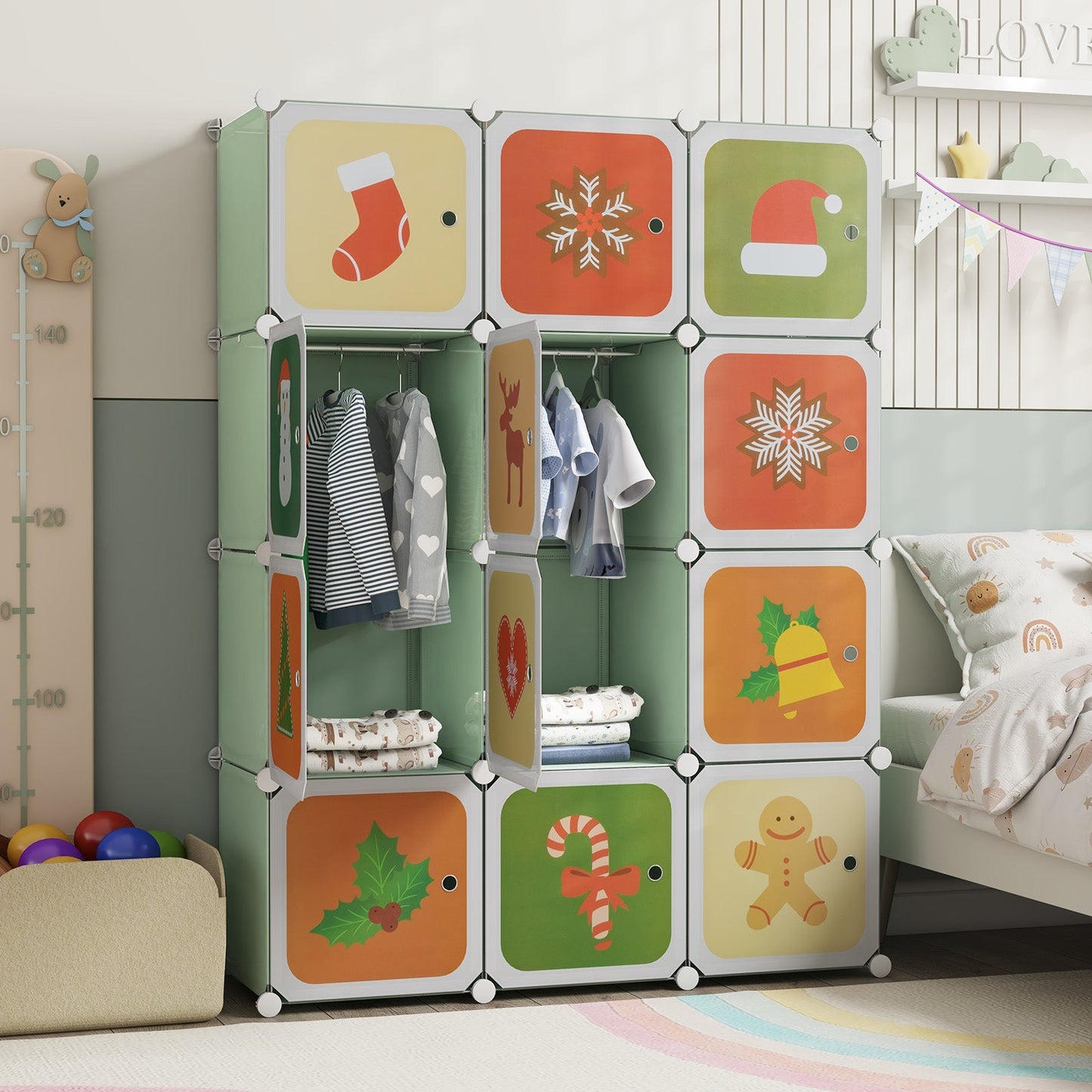 Armario Infantil de 12 Cubos con Sección Colgante - Verde