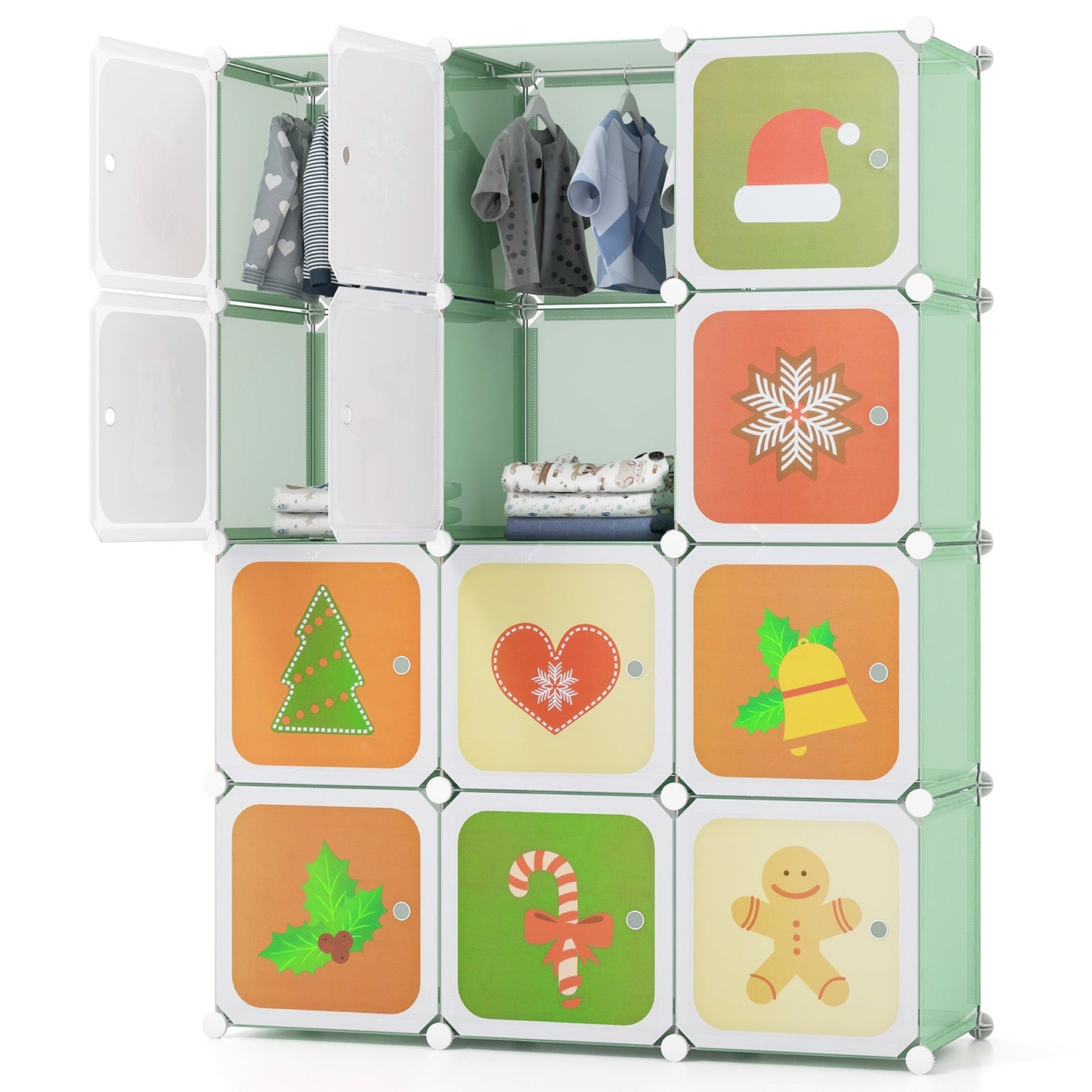 Armario Infantil de 12 Cubos con Sección Colgante - Verde