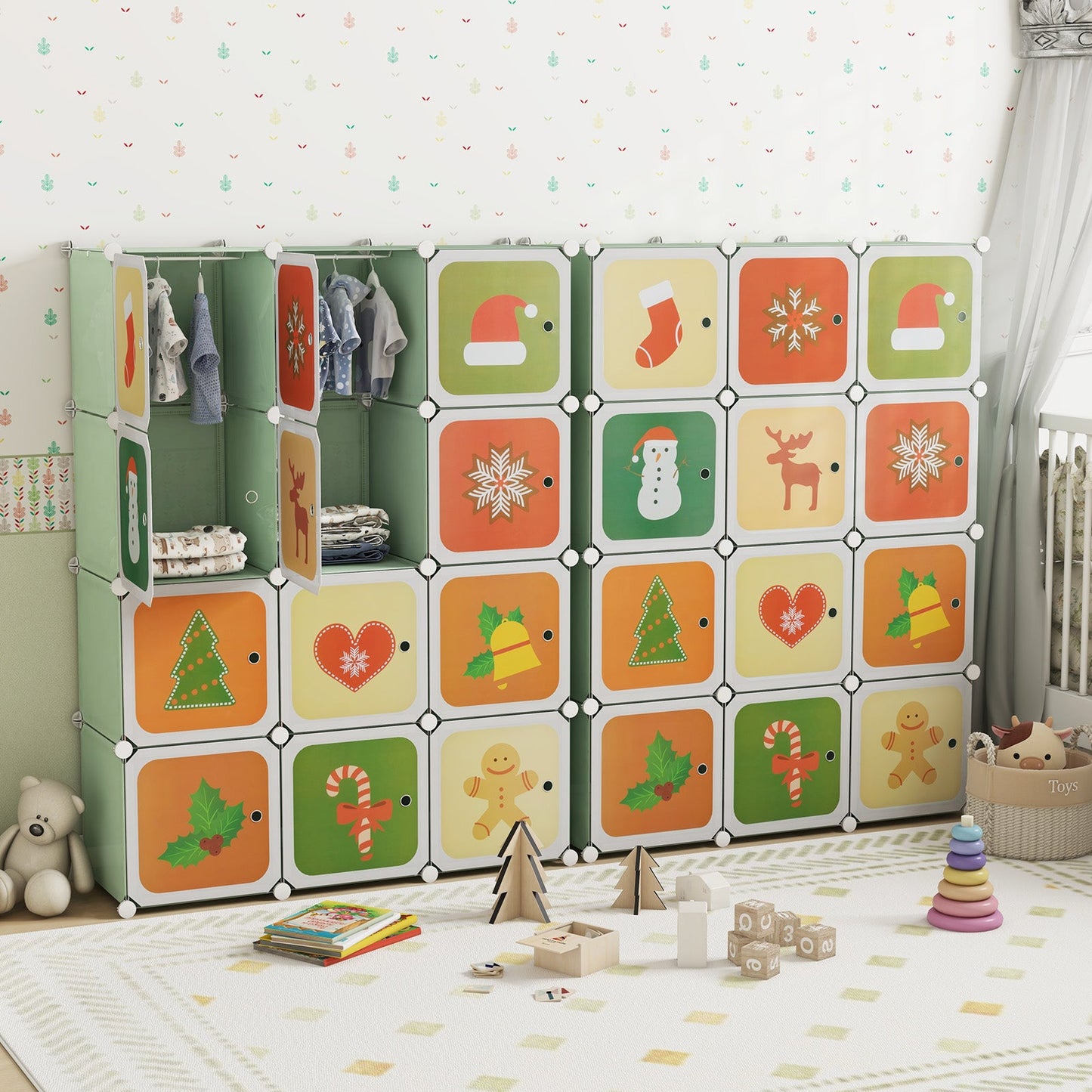 Armario Infantil de 12 Cubos con Sección Colgante - Verde