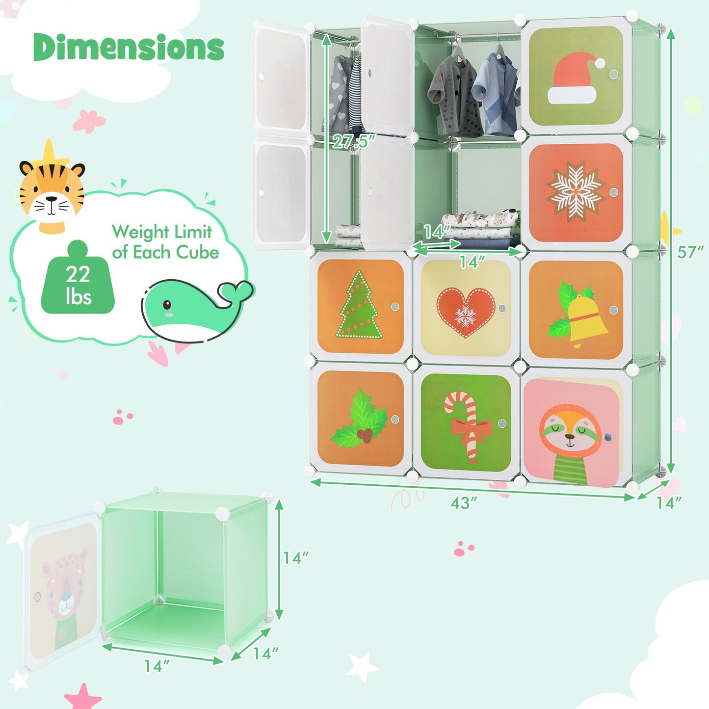 Armario Infantil de 12 Cubos con Sección Colgante - Verde