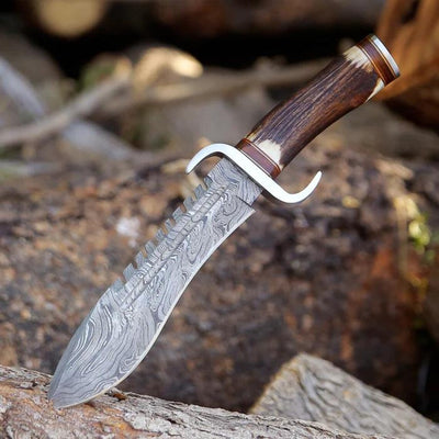 Exquisite 12" Damascus Steel Bowie Knife with Stag Horn Handle & Leather Sheath - Korvel