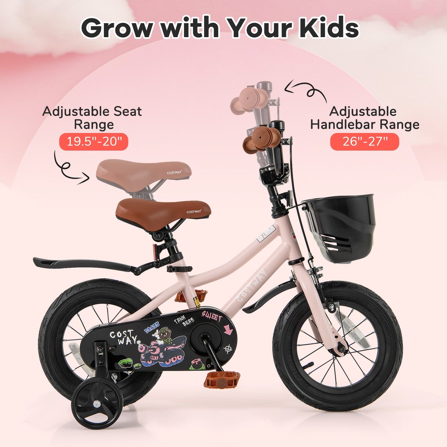 Bicicleta Infantil de 12 Pulgadas con Canasta y Manillar Ajustable para Edades de 3 a 4 Años