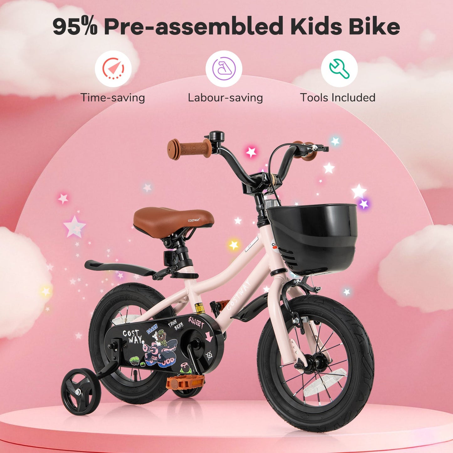Bicicleta Infantil de 12 Pulgadas con Canasta y Manillar Ajustable para Edades de 3 a 4 Años