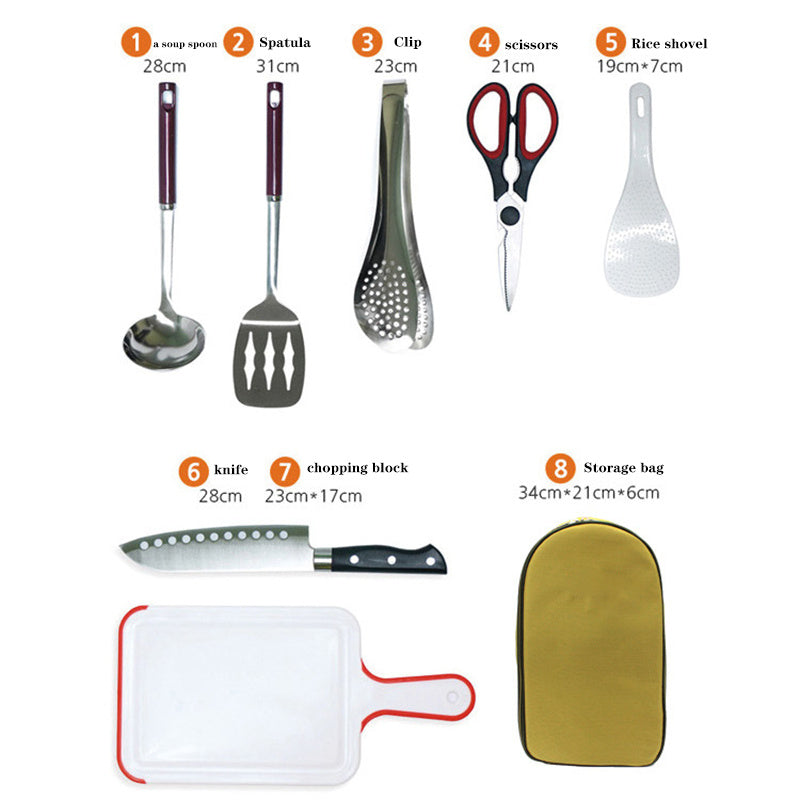 Juego de utensilios de cocina portátil para campamento de 8 piezas