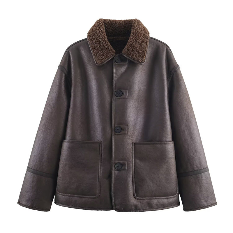 Abrigo de Cuero y Piel Doble Cara Casual y Acogedor para Mujeres