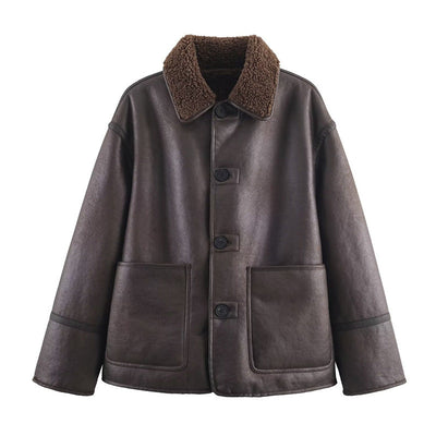 Womens Cozy Casual Double-Sided Leather-and-Fur Coat