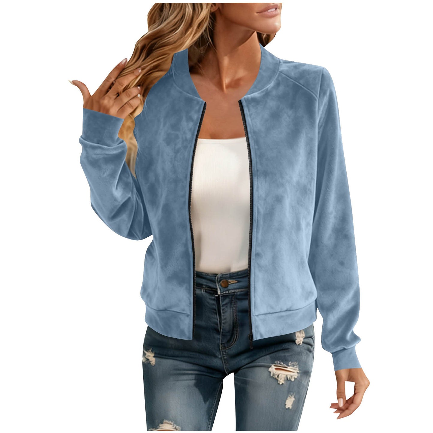 Elegant Round-neck Zip-up Deerskin-fleece Bomber Jacket