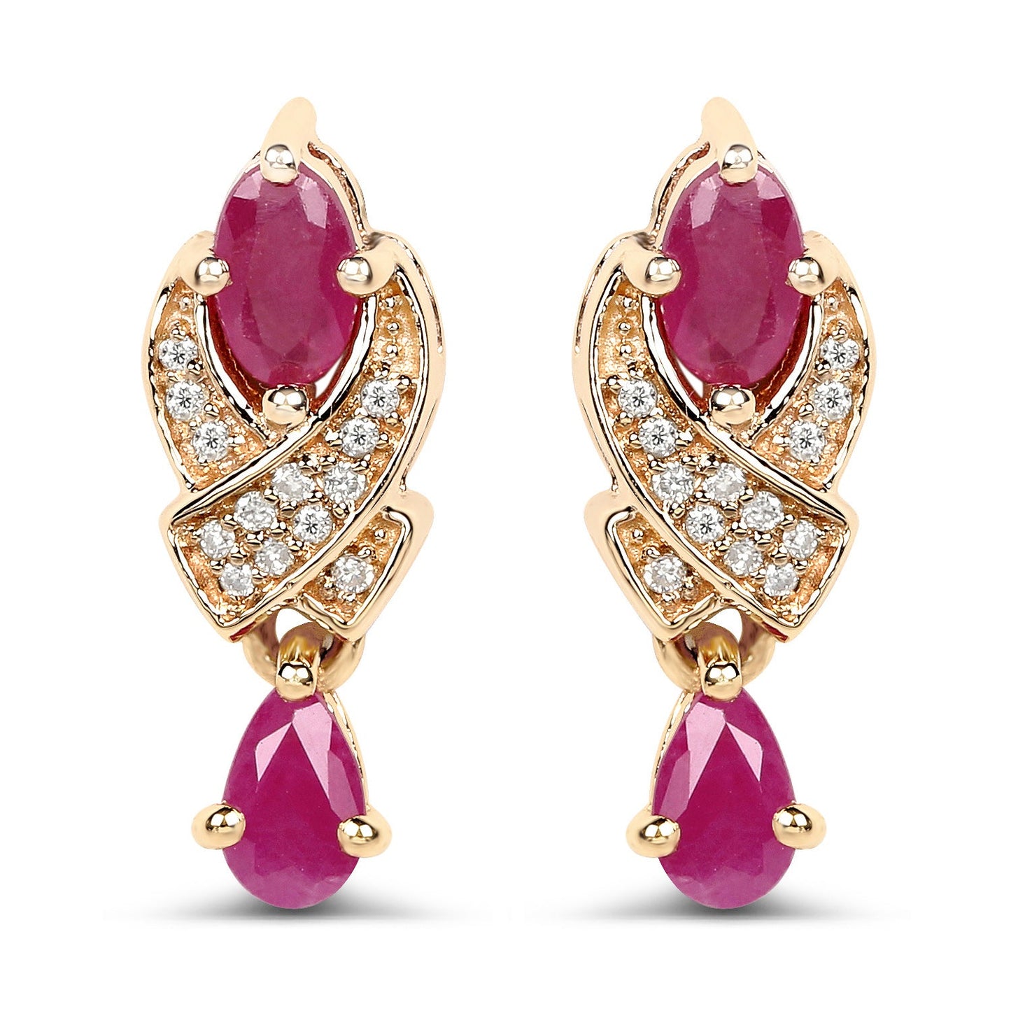 Pendientes de Rubí y Diamante Blanco de 1.12 Quilates en Oro Amarillo de 14K