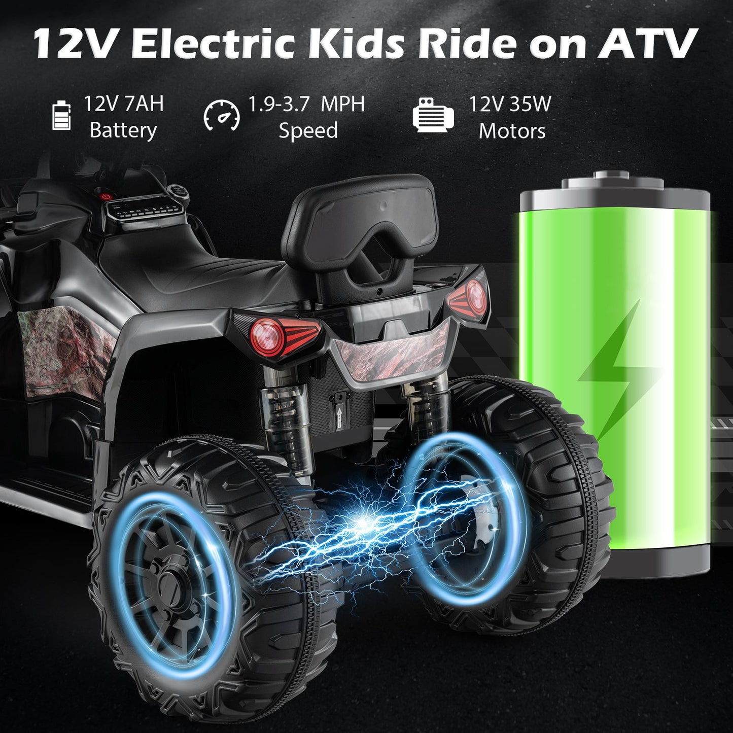 ATV 4 Roues Électrique 12V pour Enfants avec MP3 et Phares - Noir Uni