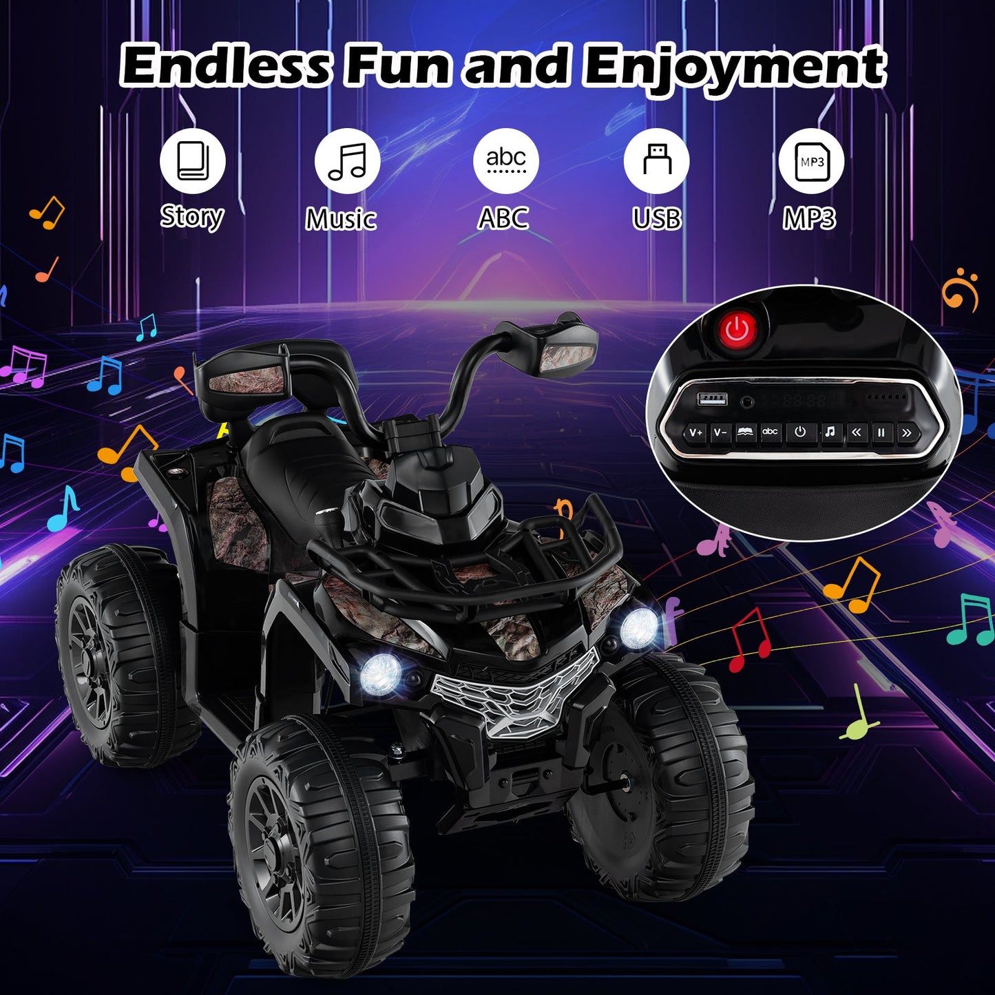 ATV 4 Roues Électrique 12V pour Enfants avec MP3 et Phares - Noir Uni