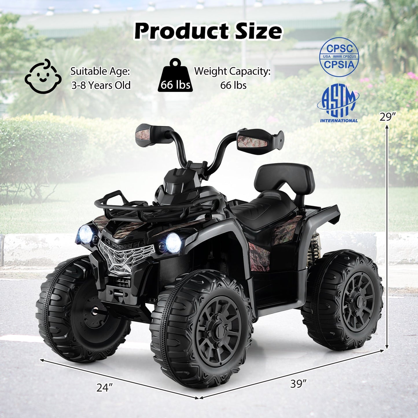 ATV 4 Roues Électrique 12V pour Enfants avec MP3 et Phares - Noir Uni