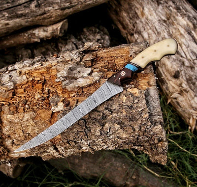Premium 13" Damascus Fillet & Boning Knife with Camel Bone & Rosewood Handle + Leather Sheath - Korvel