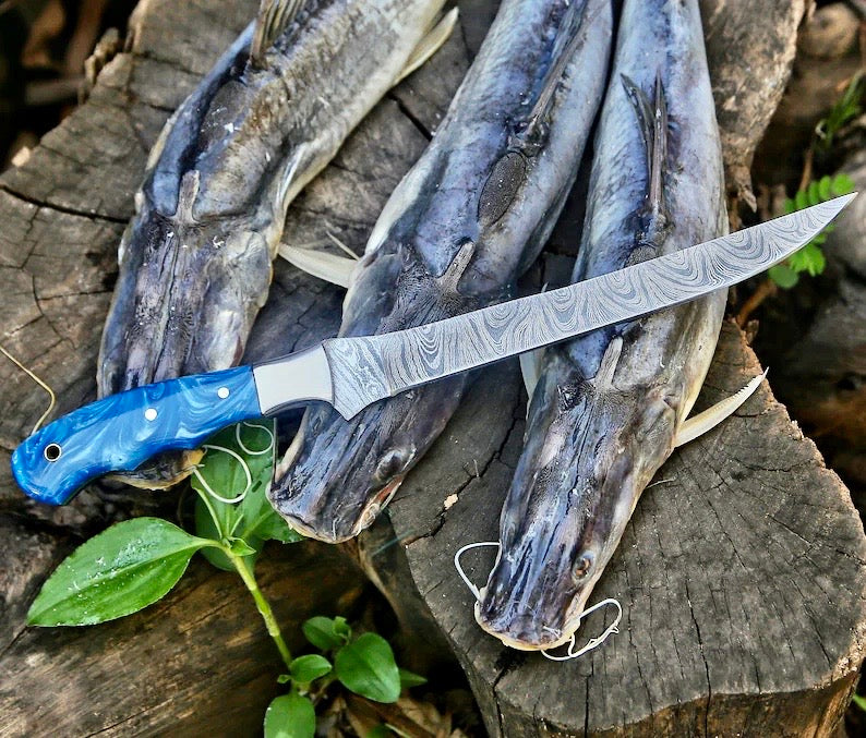 Premium Custom 13-Inch Damascus Steel Fillet Knife with Resin Handle & Leather Sheath - Korvel