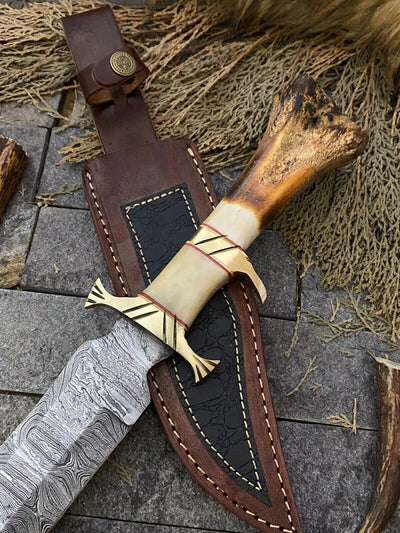 Exquisite Handmade Damascus Steel Bowie Knife – 13-Inch Blade with Elegant Bone and Brass Handle, Includes Premium Leather Sheath - Korvel