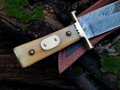 Handcrafted Damascus Steel Bowie Knife – 13" with Elegant Brass Guard and Exotic Camel Bone Handle, Includes Leather Sheath - Korvel