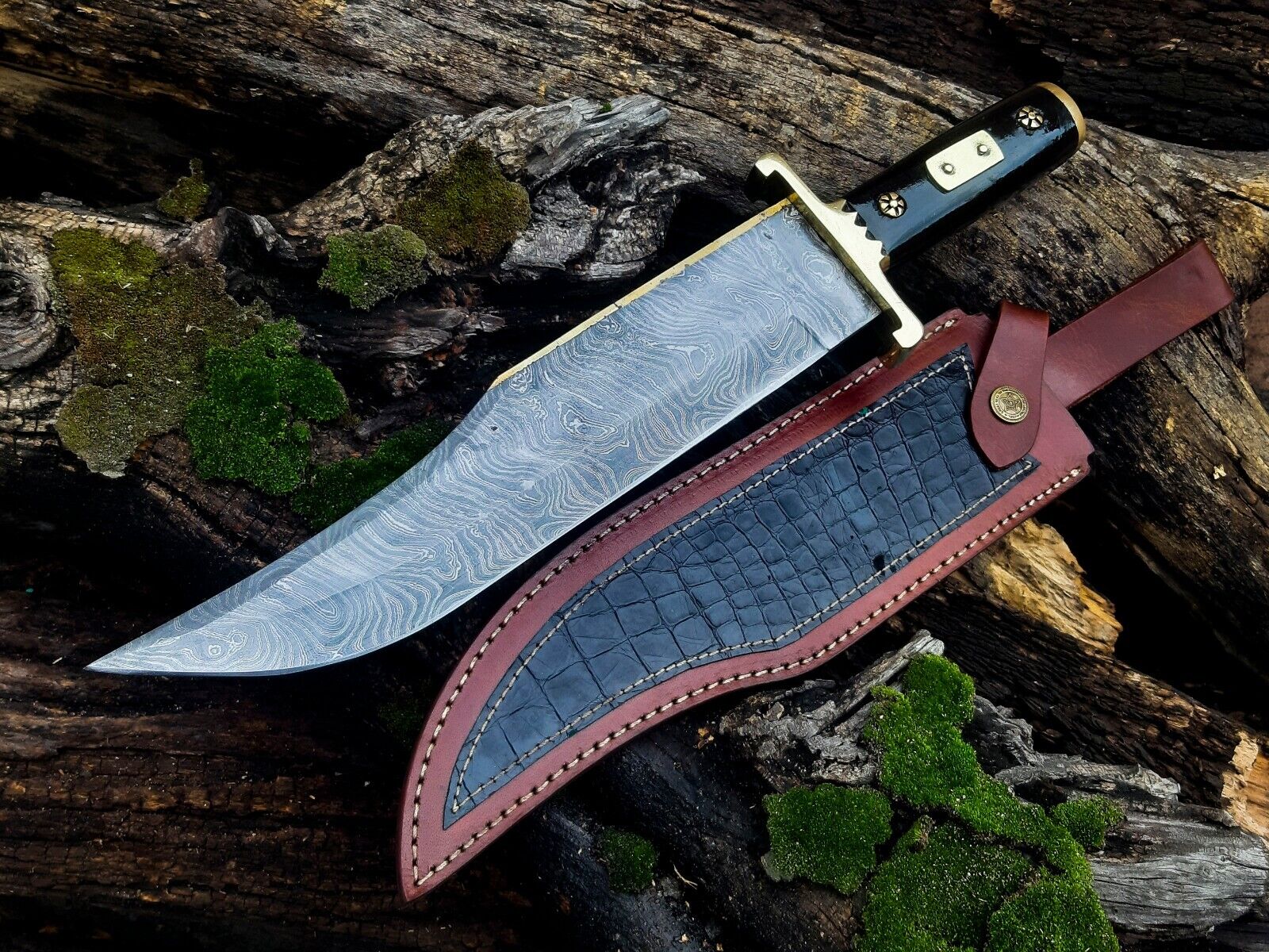 13-Inch Premium Damascus Steel Bowie Knife with Buffalo Horn Handle & Leather Sheath – Ideal for Collectors and Outdoor Enthusiasts - Korvel