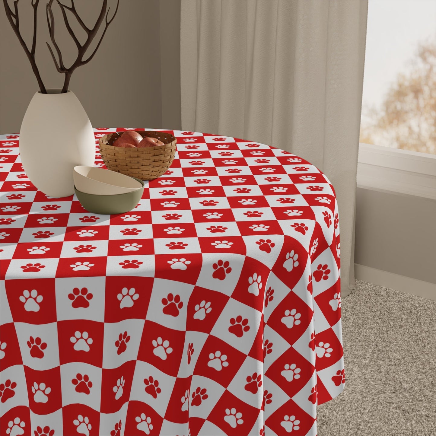 Charming Red & White Paw Print Tablecloth