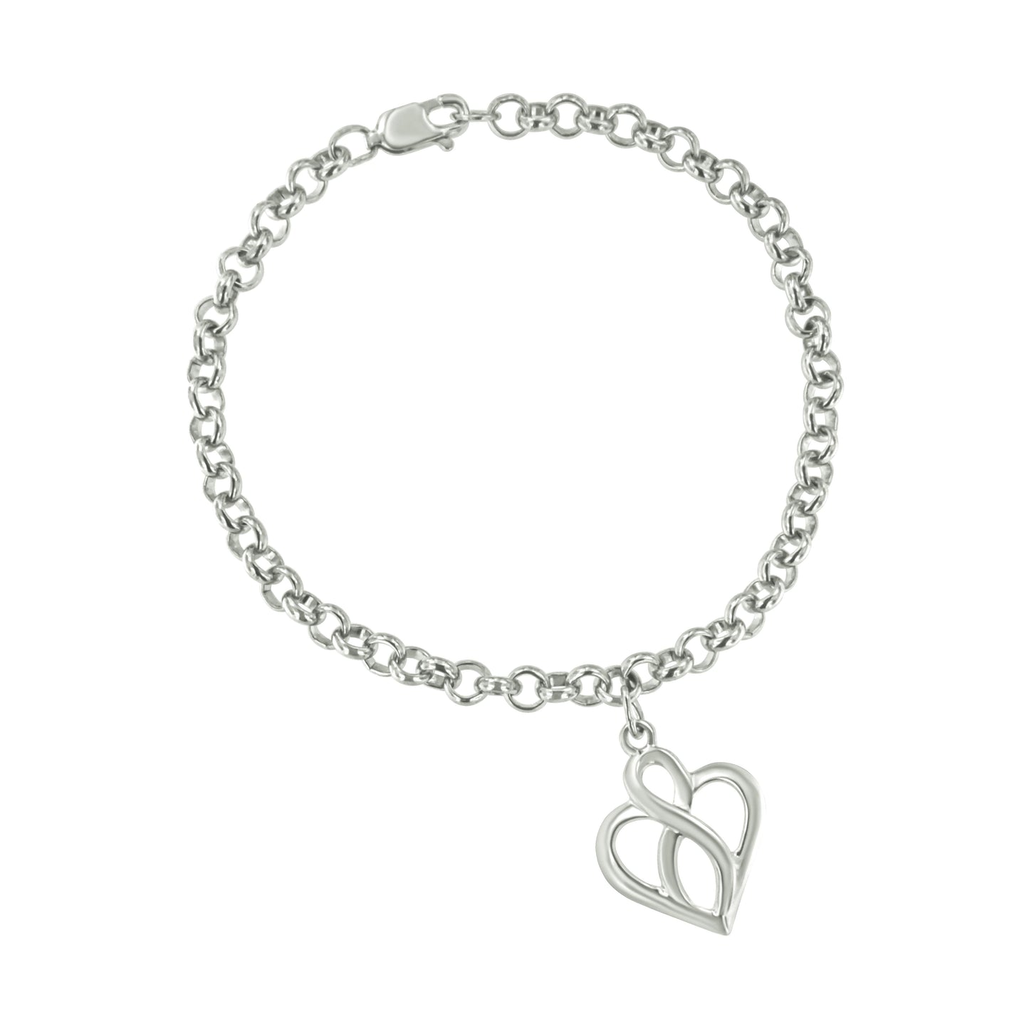 .925 Sterling Silver Open Heart Infinity Chain Charm Bracelet - Size 7