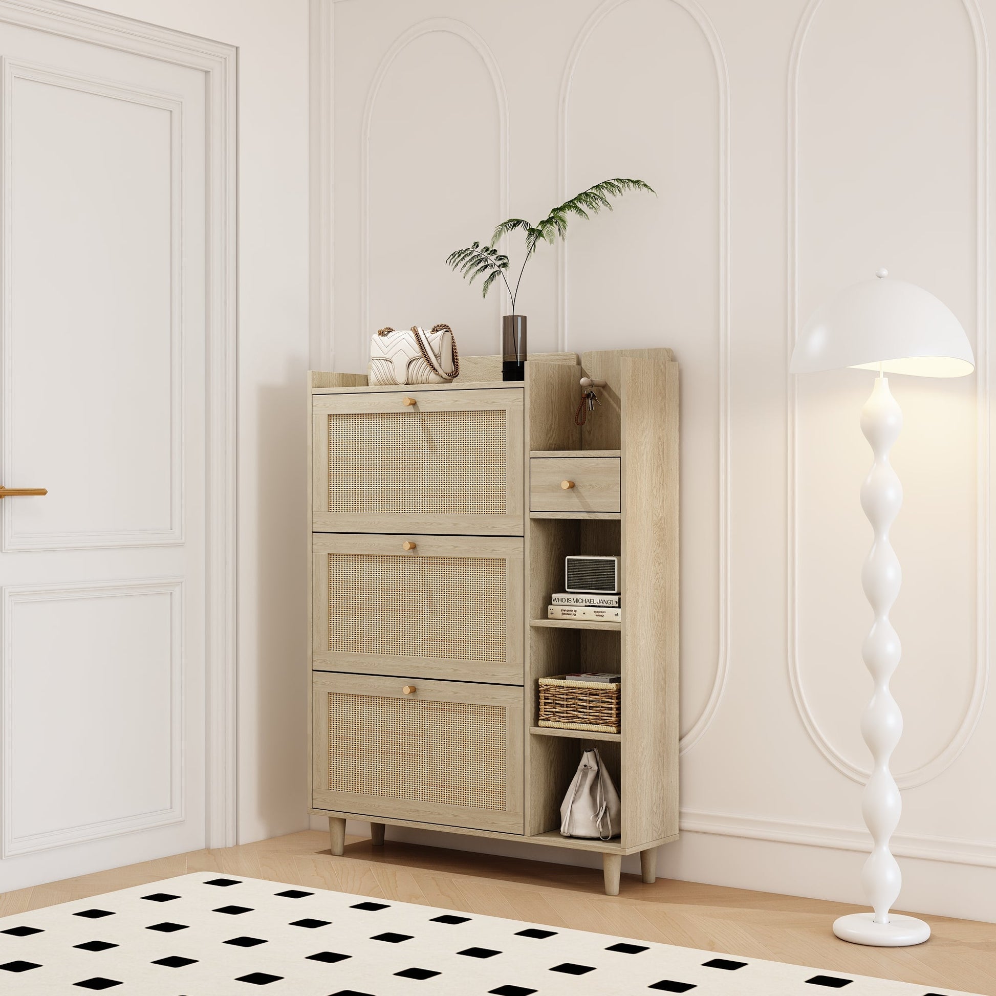 Natural Bohemian style shoe cabinet with 3 rattan flip drawers, 3 square shelves, and 1 storage drawer,  Natural - Korvel