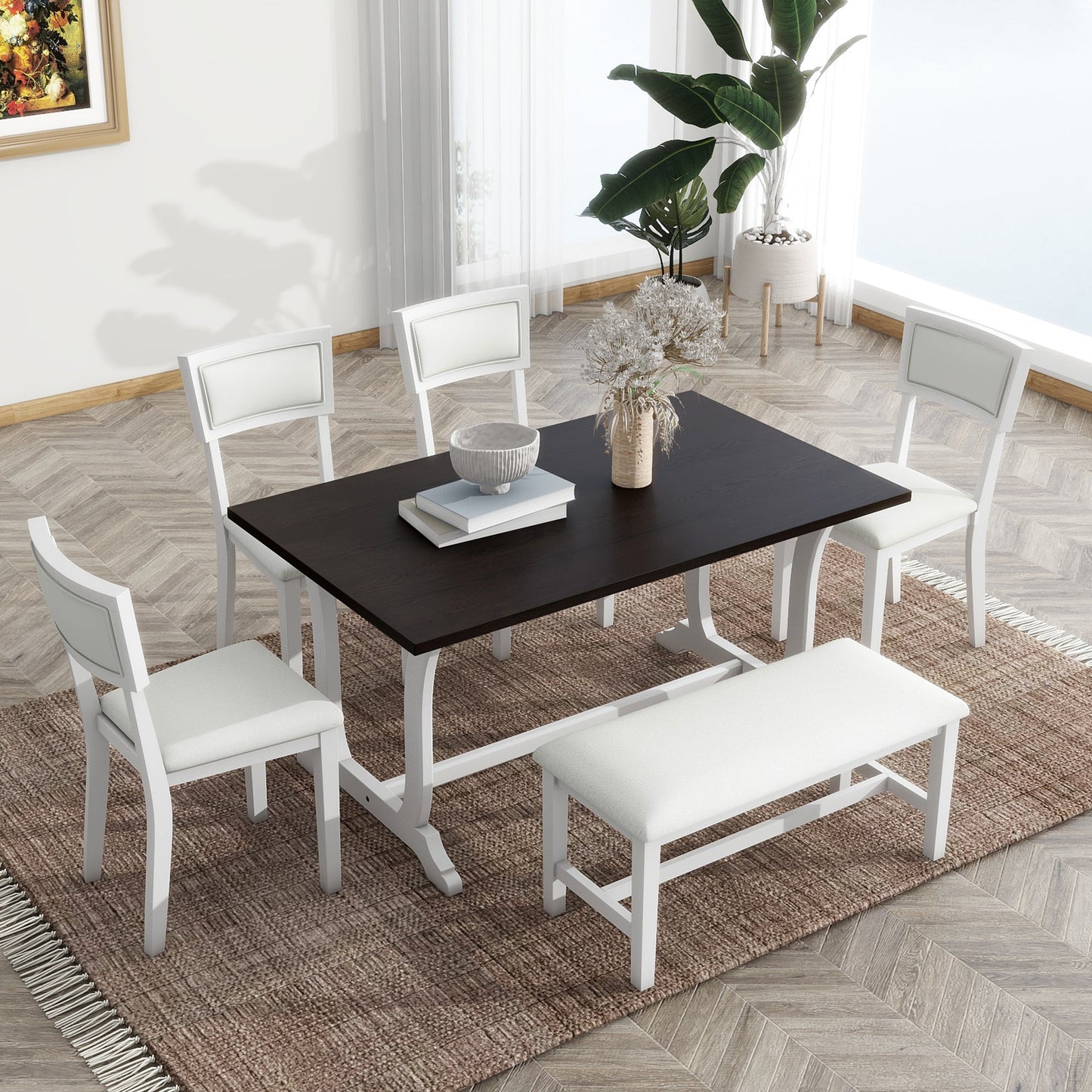 TOPMAX Farmhouse 6-Piece Trestle Dining Table Set with Upholstered Dining Chairs and Bench  59inch, White - Korvel