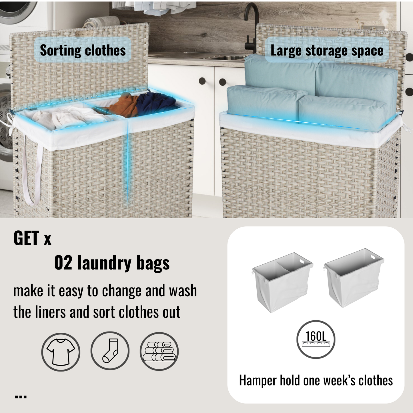 Premium Laundry Hamper with Lid and Wheels - 160L Grey