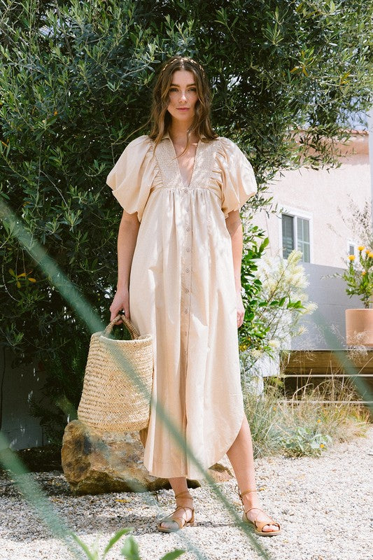 Smocked Puff Sleeve Midi Dress - Chic and Flattering Design