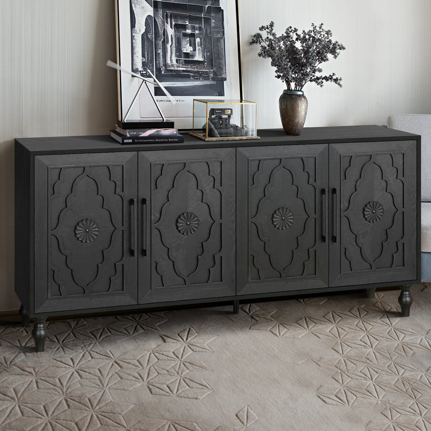 Carved Flower Door Large Storage Cabinet With Metal Handle Suitable For Living Room, Kitchen, Entryway(BLACK) - Korvel
