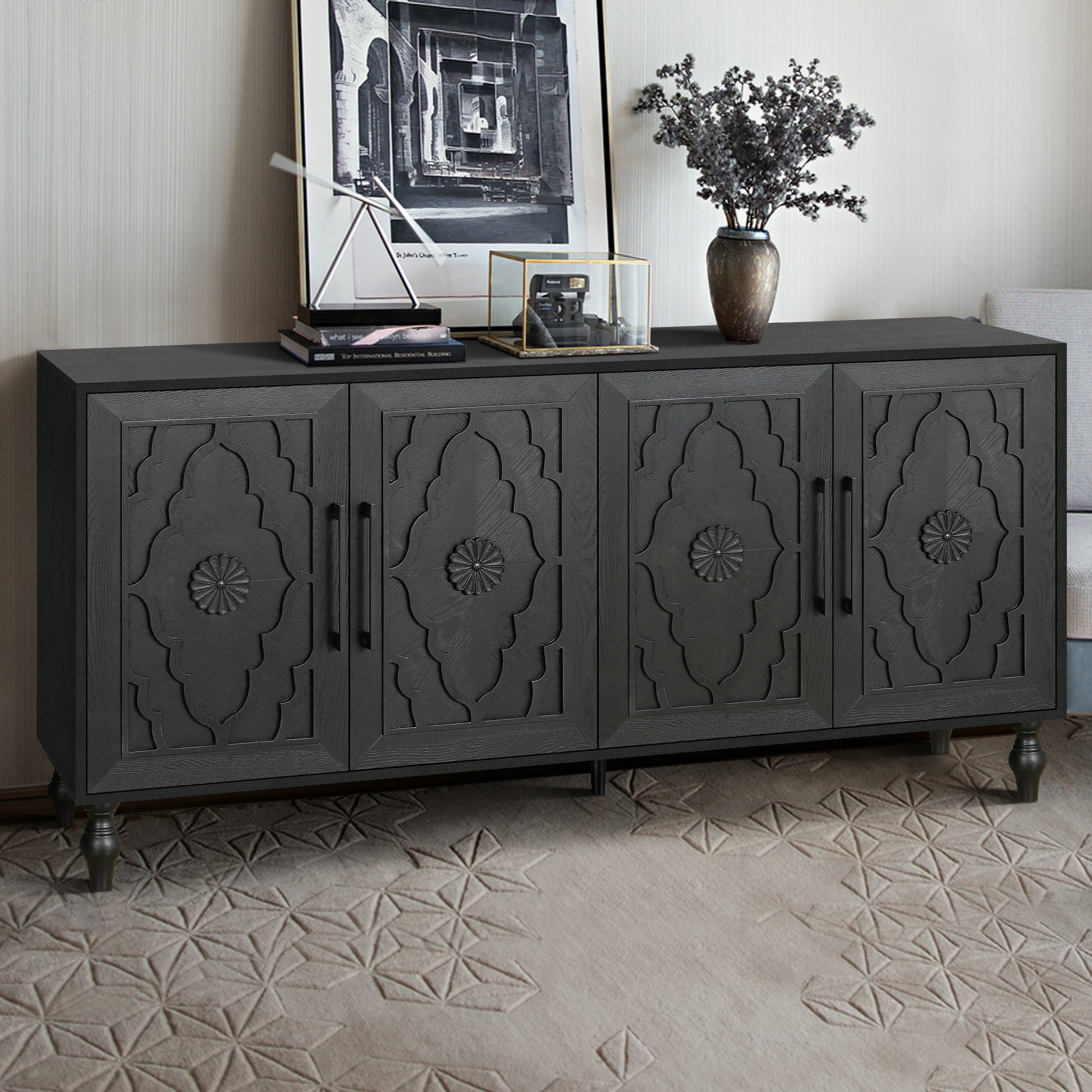 Carved Flower Door Large Storage Cabinet With Metal Handle Suitable For Living Room, Kitchen, Entryway(BLACK) - Korvel