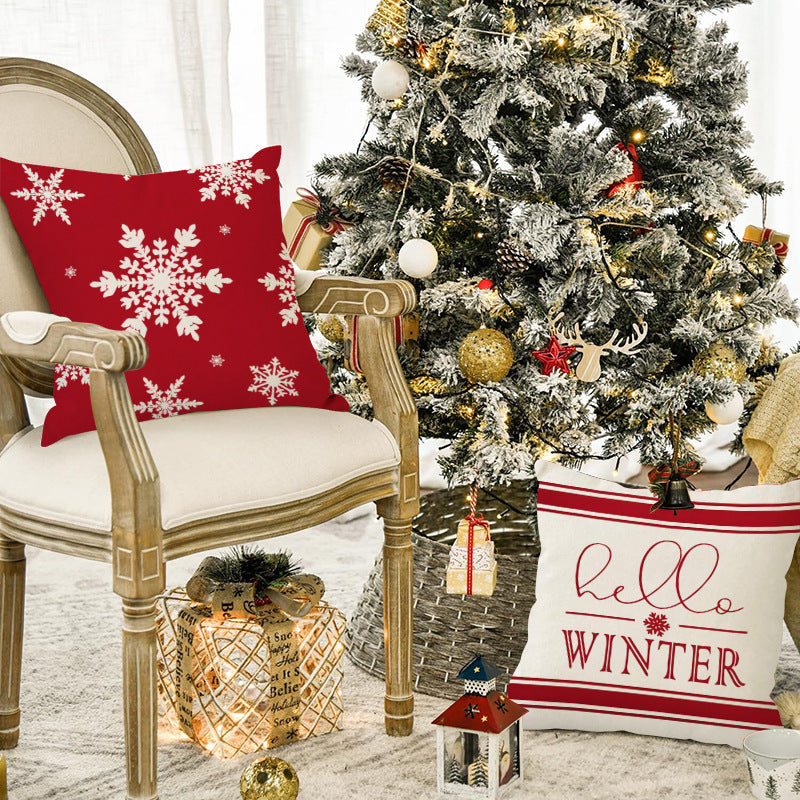 Christmas Snowflake Pillow Cover Linen Checkered Letter Printed Pillow Cover Christmas Theme Cushion Cover - Korvel
