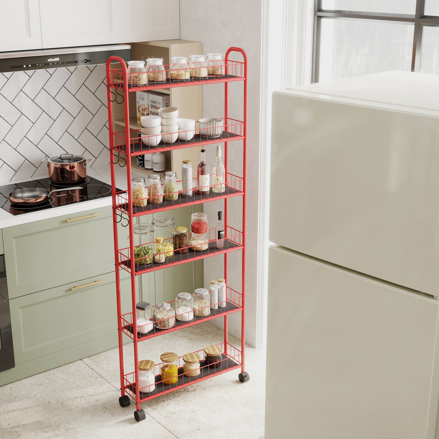 Red 6-story rolling cart gap kitchen ultra-thin sliding out storage tower shelf with wheels, 6 baskets - Korvel